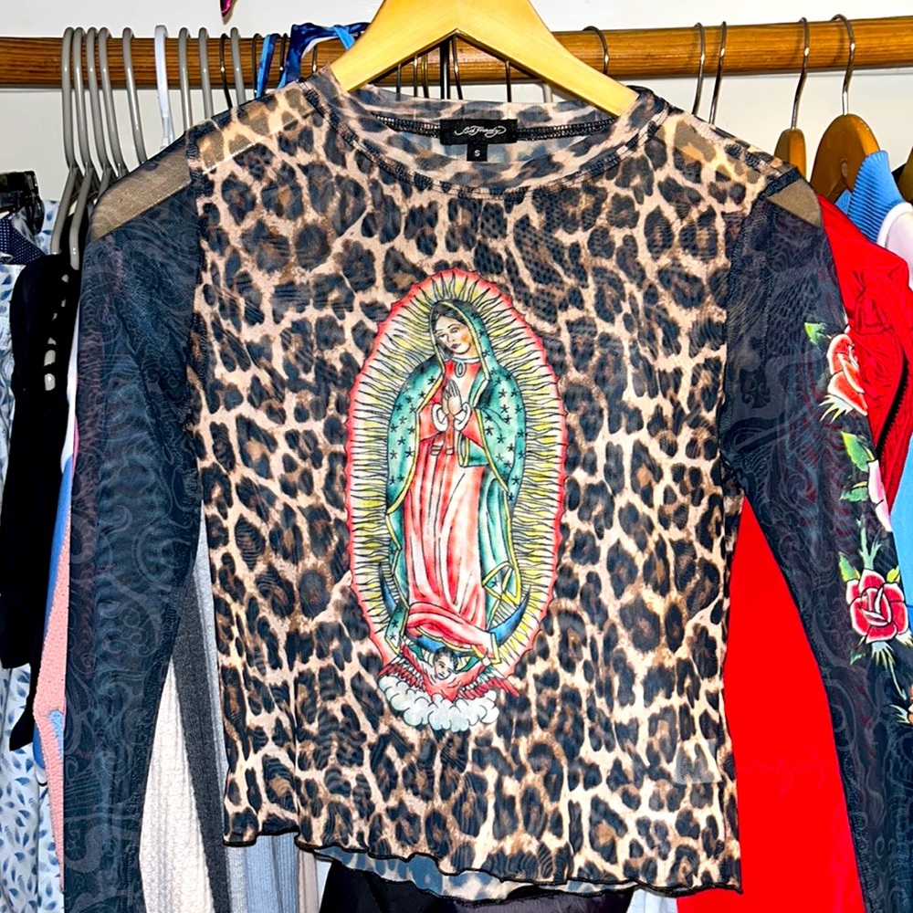 ED HARDY cheetah-print Virgin Mary mesh top